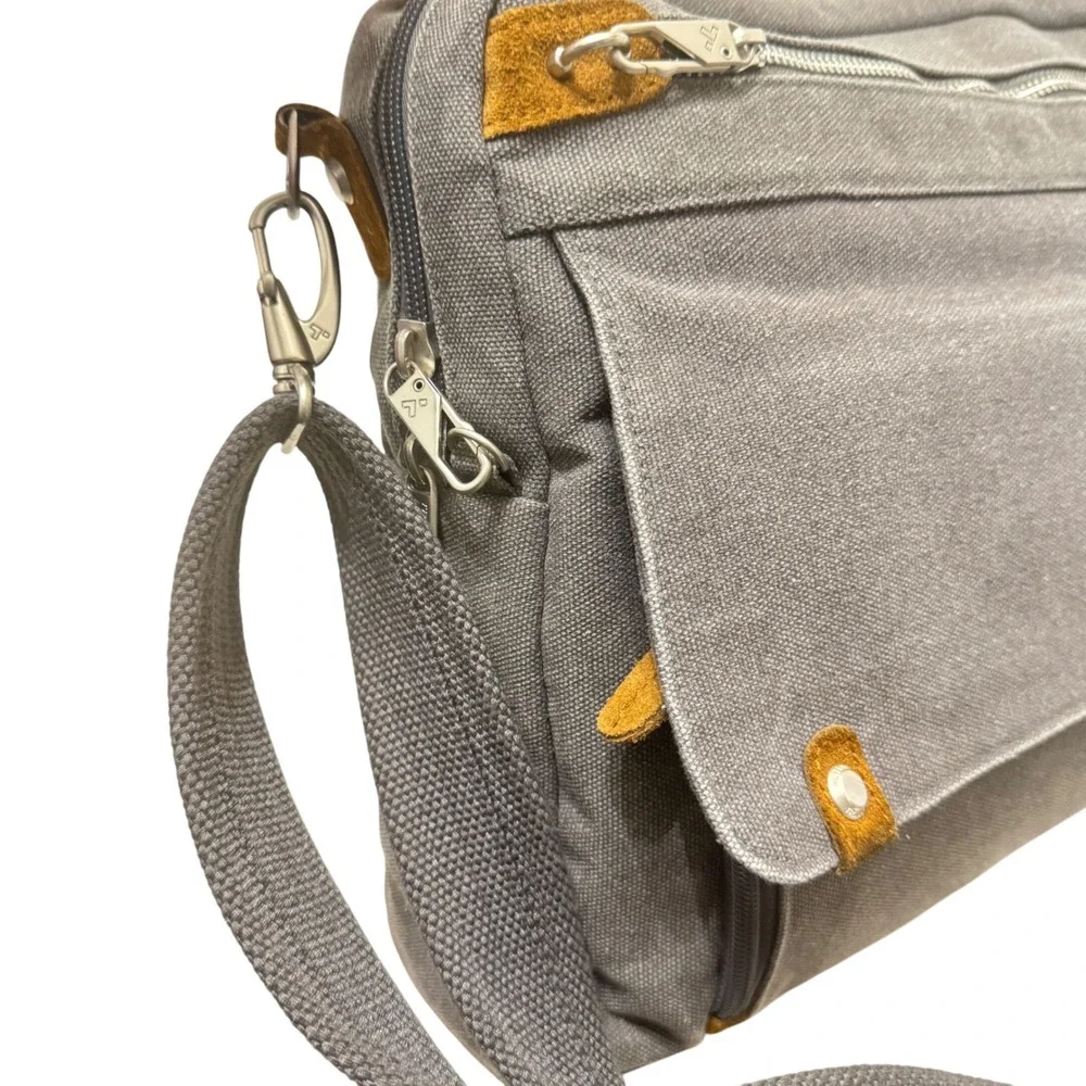 Travelon Anti Theft‎ Messenger Bag Pewter Canvas Crossbody Laptop Bag